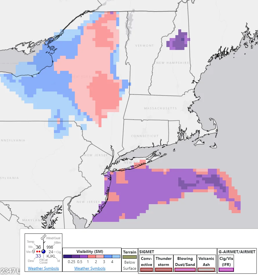G-AIRMET / flight-category graphic over the Northeast US with a visibility and SIGMET legend bar