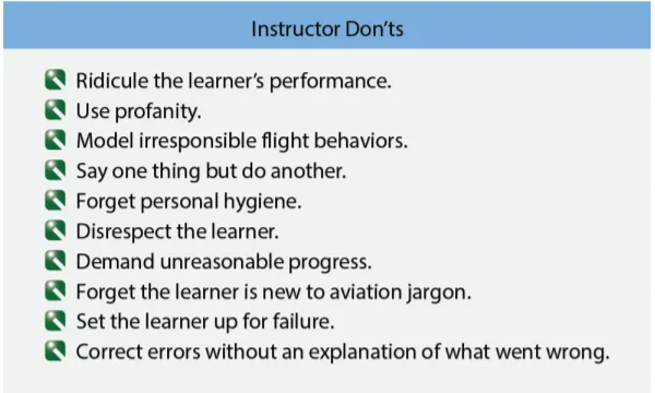 "Instructor Don'ts" slide — bulleted list (ridicule the learner, use profanity, demand unreasonable progress, etc.)
