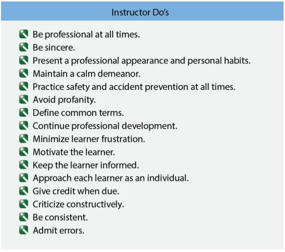 "Instructor Do's" slide — bulleted list (be professional, be sincere, avoid profanity, criticize constructively, etc.)